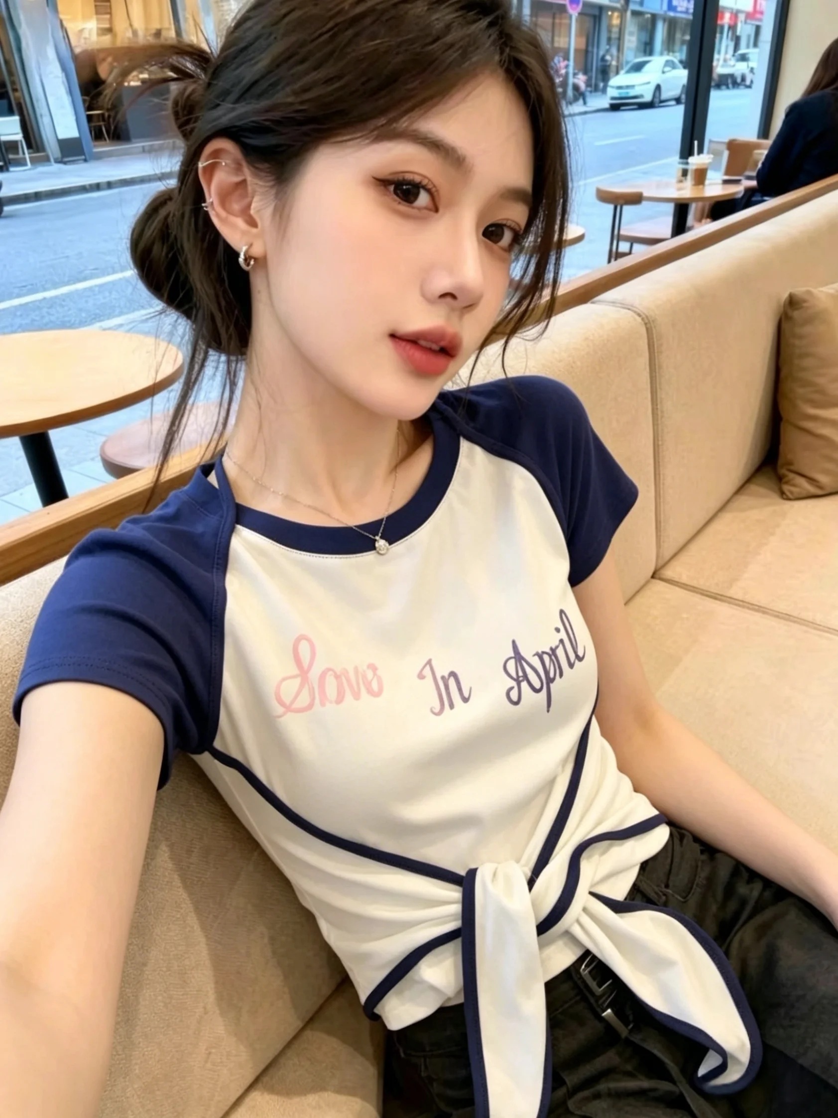 Summer New Women's round Neck Short Sleeve T-Shirt Color Block Waist Cinched Versatile Top Korean Style Straight Cut Print
Summer New Women's round Neck Short Sleeve T-Shirt Color Block Waist Cinched Versatile Top Korean Style Straight Cut Print