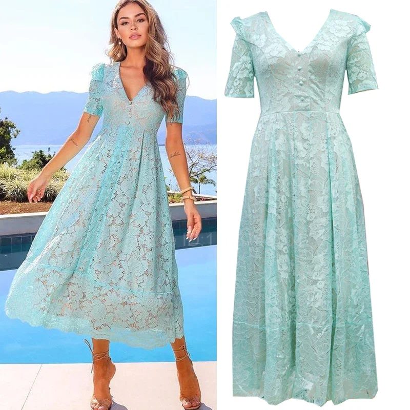 Summer Women's V-neck White Short Sleeved Hooked Flower Lace Casual Open Back Lace up Long Dresses 2024 New Vestidos
Summer Women's V-neck White Short Sleeved Hooked Flower Lace Casual Open Back Lace up Long Dresses 2024 New Vestidos