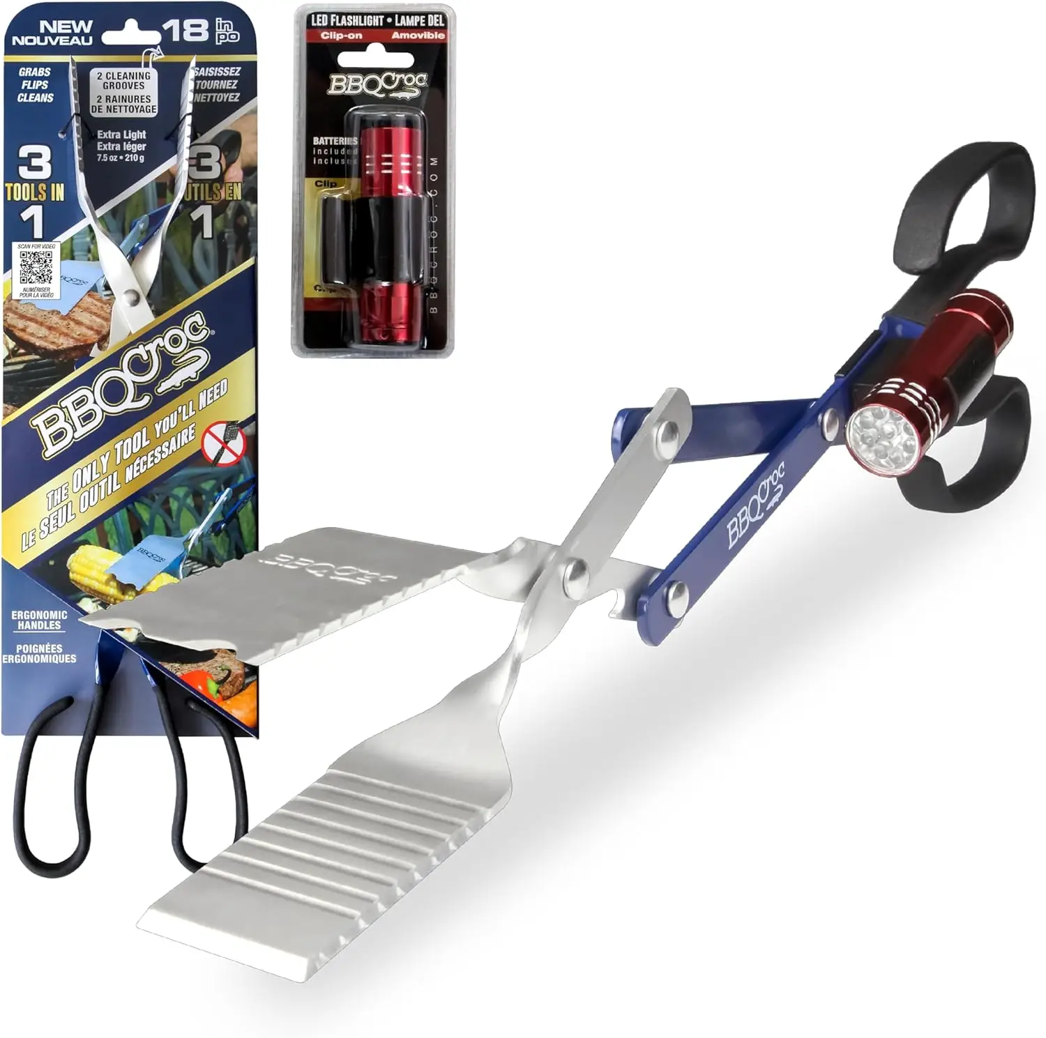 3-in-1 Barbecue Tool 18-inch with Flashlight - Extra Light Tongs Spatula and Grill Scraper for Grilling
3-in-1 Barbecue Tool 18-inch with Flashlight - Extra Light Tongs Spatula and Grill Scraper for Grilling