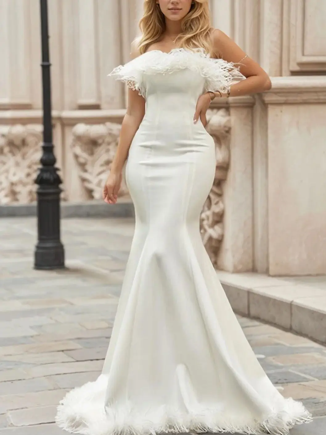 Sexy Modern Mermaid Hall Wedding Dress Strap Sleeveless Stretch Crepe with Feather Sweep Train Bridal Gown 2025 free customized 
Sexy Modern Mermaid Hall Wedding Dress Strap Sleeveless Stretch Crepe with Feather Sweep Train Bridal Gown 2025 free customized