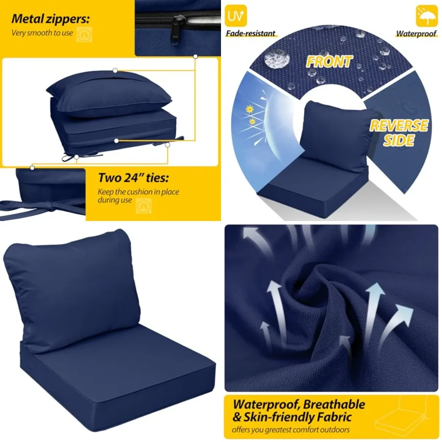 Outdoor Seat Cushions for Chairs, Fade-Resistant, Waterproof Patio Furniture Replacement Cushions, 24" x 24" x 5" + 24" x 19", Navy Blue
Outdoor Seat Cushions for Chairs, Fade-Resistant, Waterproof Patio Furniture Replacement Cushions, 24" x 24" x 5" + 24" x 19", Navy Blue