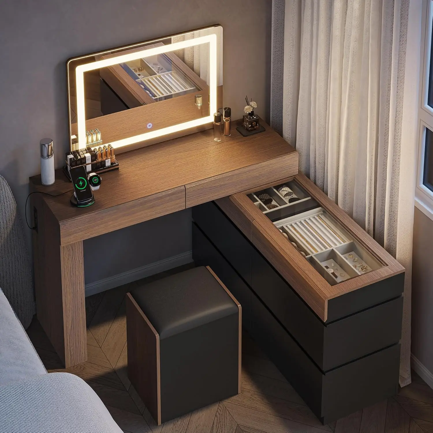 Vanity Set with Mirror and Stool and Lights, 3-in-1 Convertible Vanity Desk with Chair, 3 Modes LED
Vanity Set with Mirror and Stool and Lights, 3-in-1 Convertible Vanity Desk with Chair, 3 Modes LED