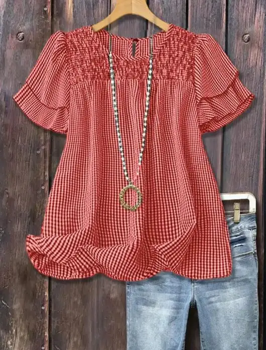 Summer Classic Color Blocked Checkered Print Round Neck Layered Ruffle Edge Sleeve Design Casual Fashionable T-Shirt Top
Summer Classic Color Blocked Checkered Print Round Neck Layered Ruffle Edge Sleeve Design Casual Fashionable T-Shirt Top
