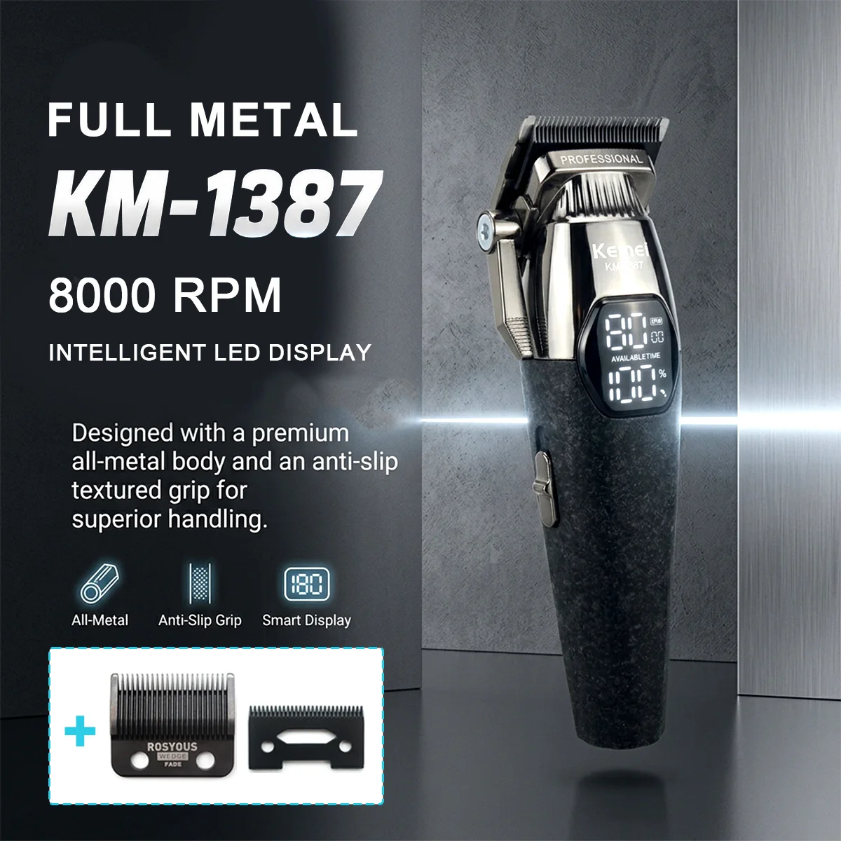 Kemei KM-1387 Professional Hair Cutter 5W Motor Metal Body LED Display Cordless Barbershop Men's Hair Clipper Finishing Machine
Kemei KM-1387 Professional Hair Cutter 5W Motor Metal Body LED Display Cordless Barbershop Men's Hair Clipper Finishing Machine