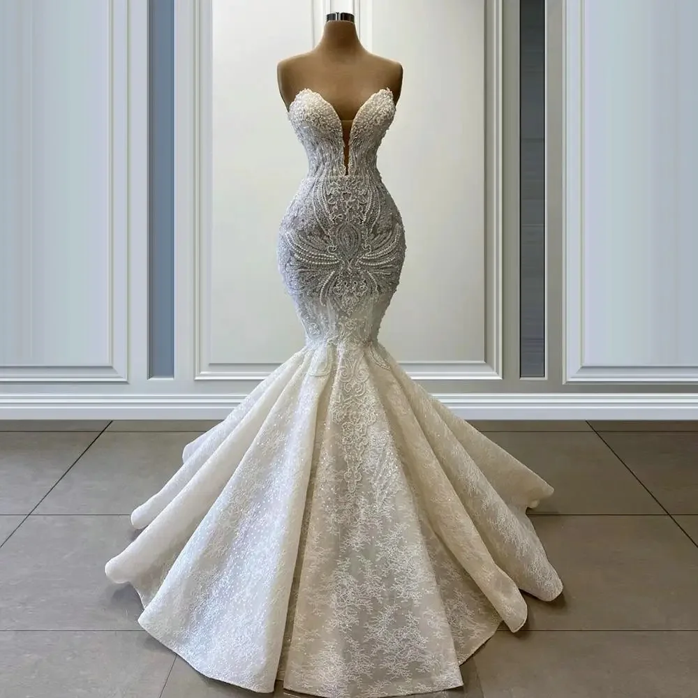 Sleeveless Mermaid Wedding Dresses Strapless Backless Applique Beads Sequins Champel Train Bridal Gowns Custom Made
Sleeveless Mermaid Wedding Dresses Strapless Backless Applique Beads Sequins Champel Train Bridal Gowns Custom Made