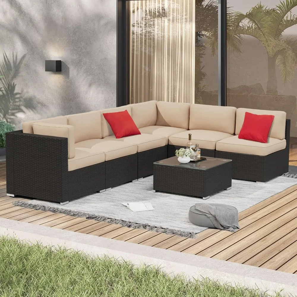 "7-Piece Outdoor Patio Set - All-Weather Wicker Rattan Sectional Sofa with Glass Coffee Table"
"7-Piece Outdoor Patio Set - All-Weather Wicker Rattan Sectional Sofa with Glass Coffee Table"