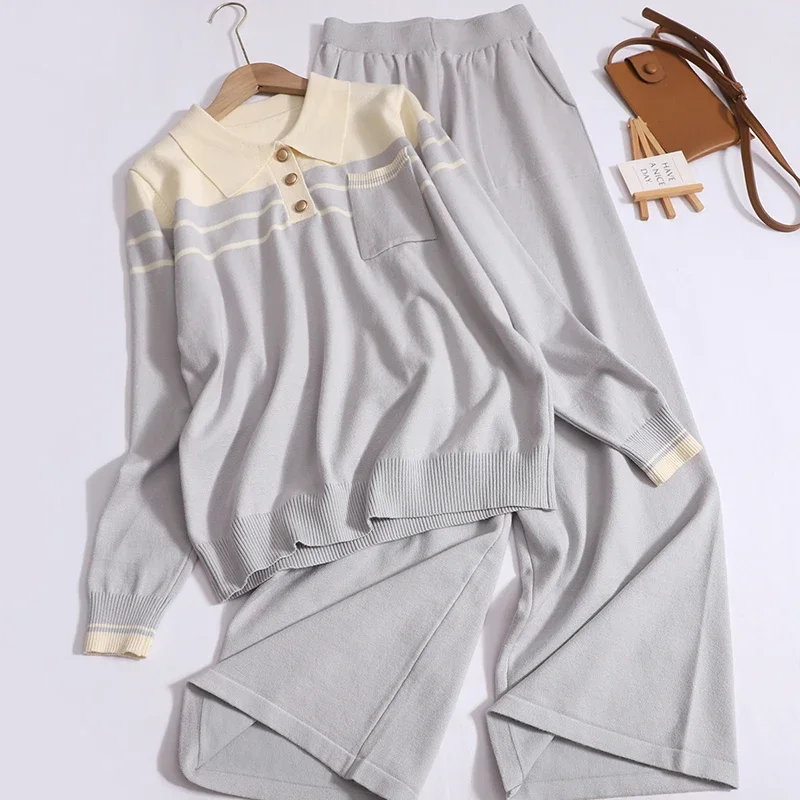 Women Patchwork Turn-down Collar Long Sleeve Top + Wide Leg Pants With Pocket Knit Women Outfit Casual 2 Piece Sets Loose New
Women Patchwork Turn-down Collar Long Sleeve Top + Wide Leg Pants With Pocket Knit Women Outfit Casual 2 Piece Sets Loose New