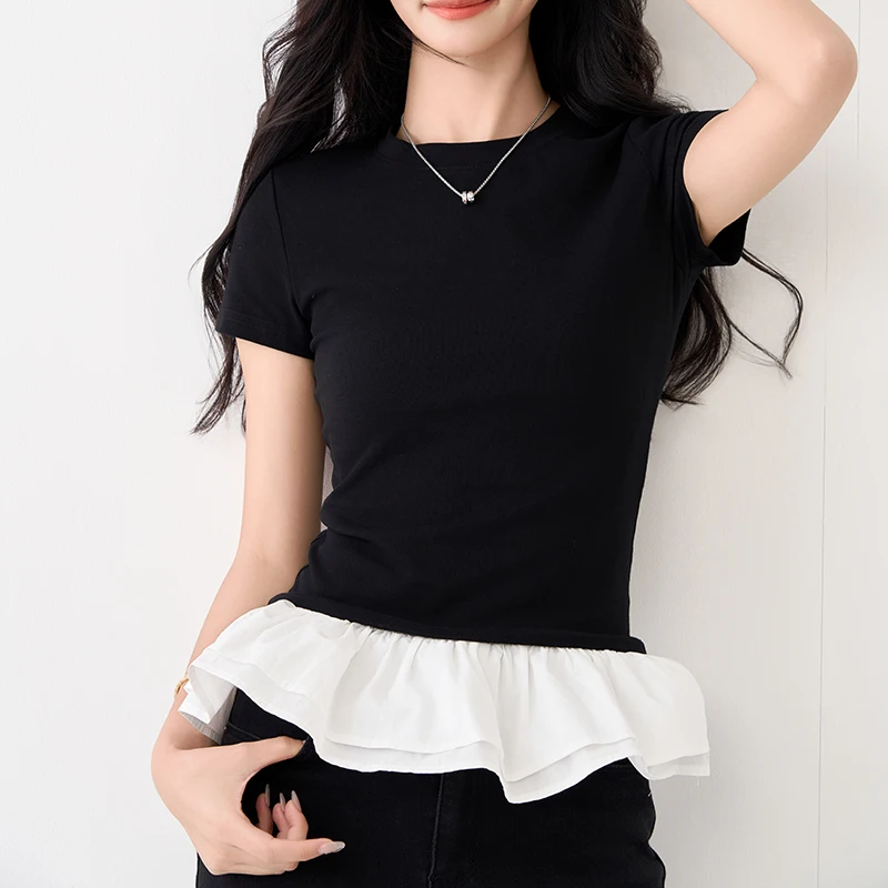 Summer Short Sleeve T-Shirts Women Slim-Fit Stretch Tees Shirts Korean Fashion Black Tops Patchwork Shirts
Summer Short Sleeve T-Shirts Women Slim-Fit Stretch Tees Shirts Korean Fashion Black Tops Patchwork Shirts