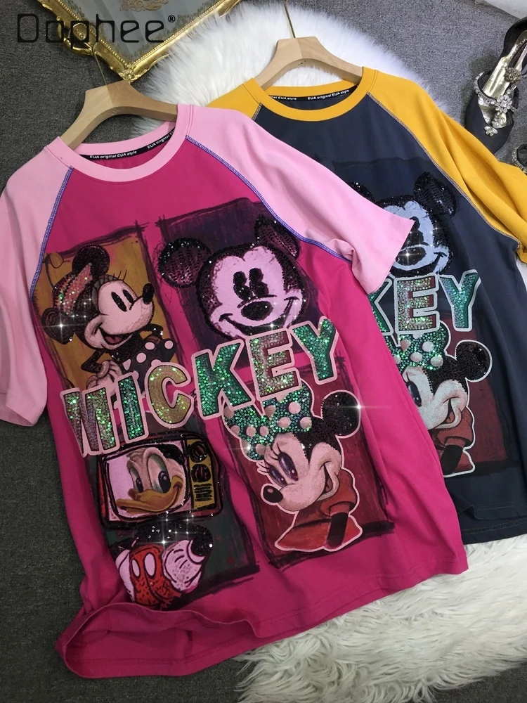 European Goods Heavy Industry Sequined T-shirt Women Cute Cartoon Splicing Top Loose Round Neck Large Version Summer T Shirt
European Goods Heavy Industry Sequined T-shirt Women Cute Cartoon Splicing Top Loose Round Neck Large Version Summer T Shirt