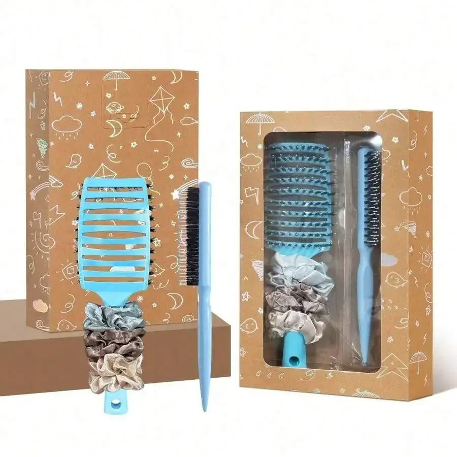 5-Piece Blue Hair Styling Set: Vented Detangler Brush, Teasing Comb And Satin Scrunchies
5-Piece Blue Hair Styling Set: Vented Detangler Brush, Teasing Comb And Satin Scrunchies