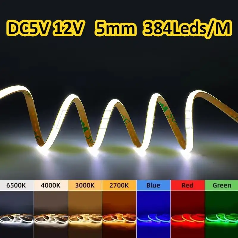 Ultra Thin 5mm 384Leds/m DC5V 12V COB Flexible LED Light Cuttable Super Bright COB LED Strip Light for Indoor KTV Car Bar Room
Ultra Thin 5mm 384Leds/m DC5V 12V COB Flexible LED Light Cuttable Super Bright COB LED Strip Light for Indoor KTV Car Bar Room