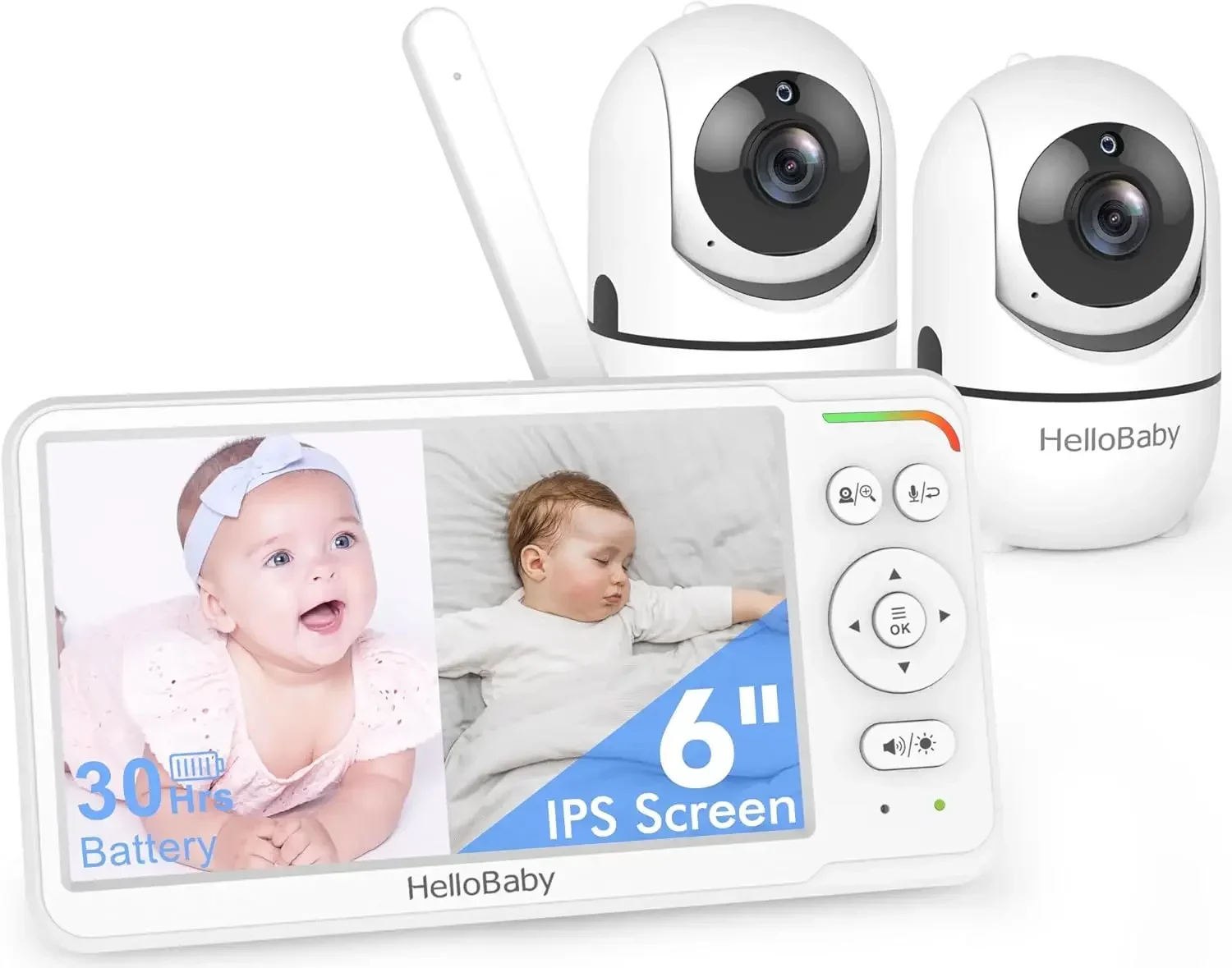Baby Monitor with 2 Cameras, World First 6" IPS Split Screen, Double Cameras No WiFi, 30H Battery, 2-Way Audio, Pan-Tilt-Zoom, V
Baby Monitor with 2 Cameras, World First 6" IPS Split Screen, Double Cameras No WiFi, 30H Battery, 2-Way Audio, Pan-Tilt-Zoom, V
