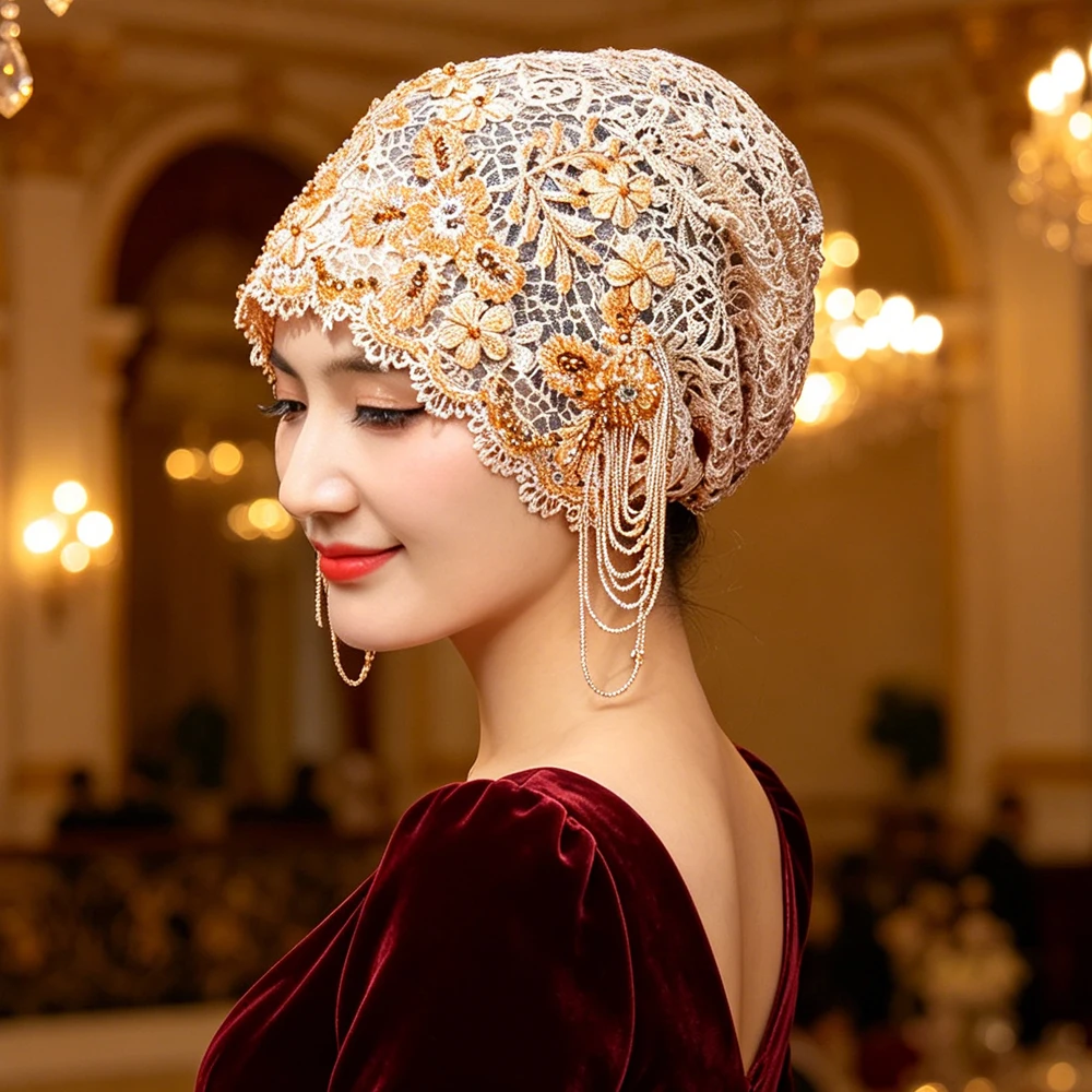 Luxury Embroidery Cap Bonnet Lace Beanies Beads Long Tassel Headscarf Hijab Muslim Women Wedding Party Head Wrap Turbante Mujer
Luxury Embroidery Cap Bonnet Lace Beanies Beads Long Tassel Headscarf Hijab Muslim Women Wedding Party Head Wrap Turbante Mujer