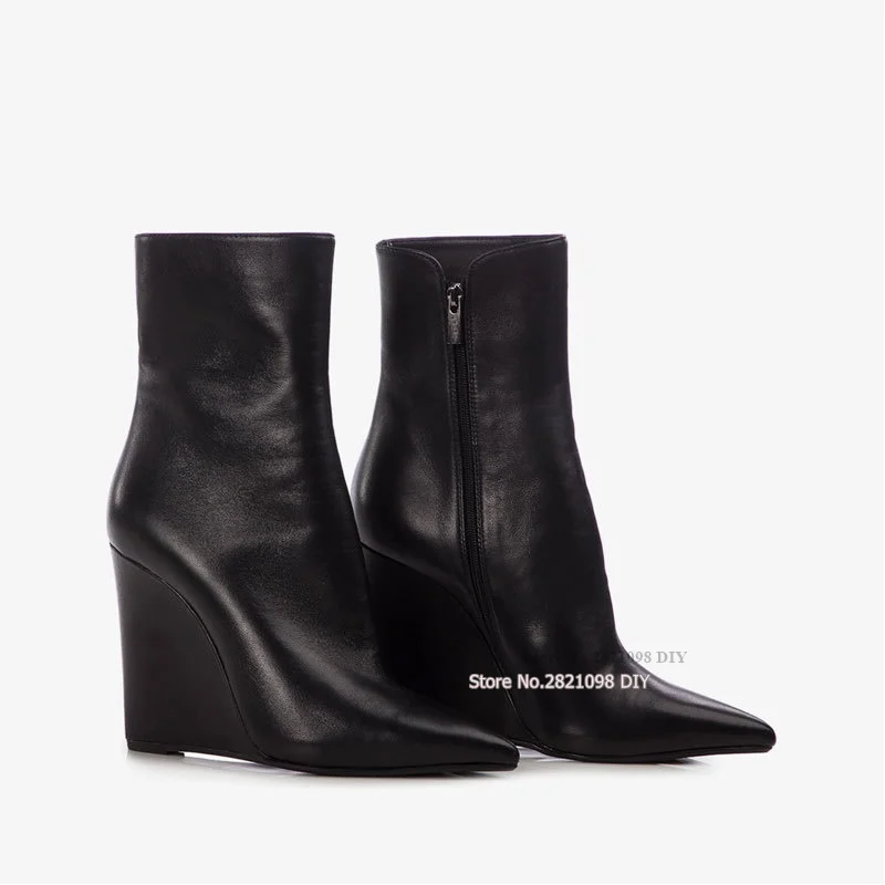 Black Leather Wedge Heel Short Boot Women Designer Pointed Toe Mid-Calf Side Zipper Boots Side Pant Bota
Black Leather Wedge Heel Short Boot Women Designer Pointed Toe Mid-Calf Side Zipper Boots Side Pant Bota