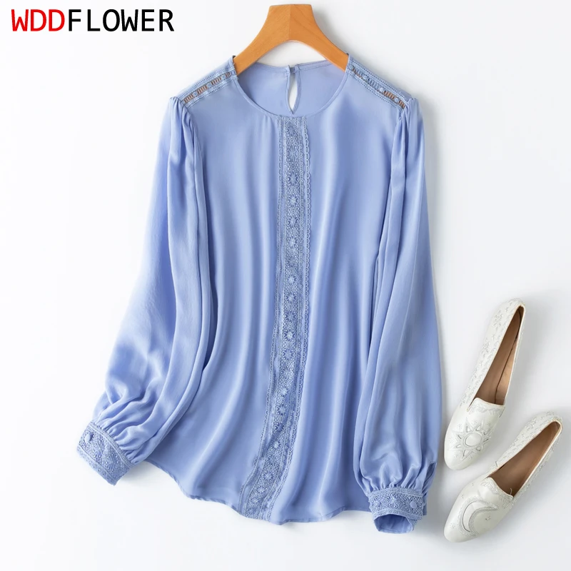 Women Silk Blouse 93% Mulberry Silk Solid Color Blue Lace Long Sleeve Loose Type O Neck Shirt Top Pullover Office Work M1251
Women Silk Blouse 93% Mulberry Silk Solid Color Blue Lace Long Sleeve Loose Type O Neck Shirt Top Pullover Office Work M1251