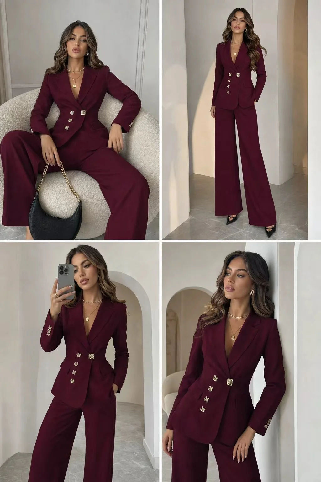 Women Burgundy Double Breasted Blazer Wide Leg Pants Suit Elegant Office Formal 2 Piece Set
Women Burgundy Double Breasted Blazer Wide Leg Pants Suit Elegant Office Formal 2 Piece Set
