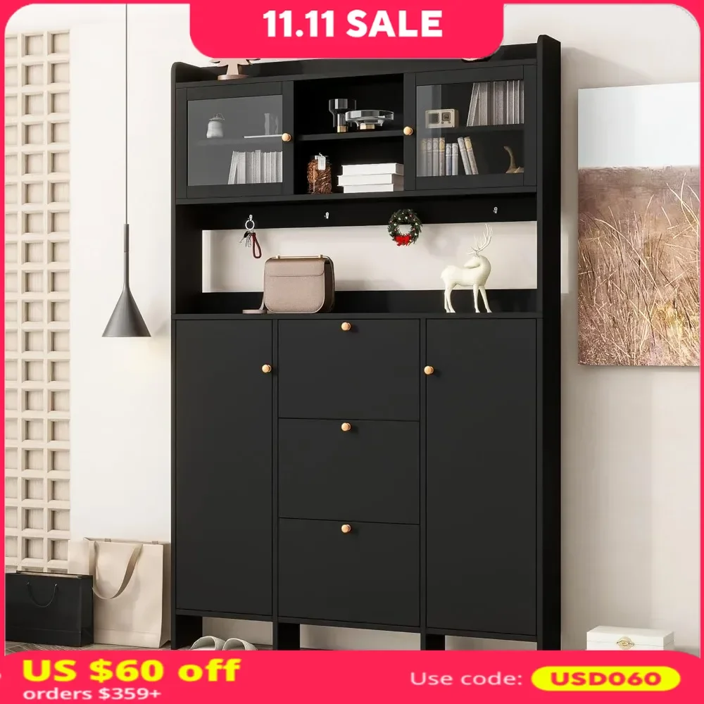 55" Contemporary Shoe Cabinet with 4 Hooks Open Storage Platform Tempered Glass 3 Flip Drawers Versatile Shoe Rack
55" Contemporary Shoe Cabinet with 4 Hooks Open Storage Platform Tempered Glass 3 Flip Drawers Versatile Shoe Rack