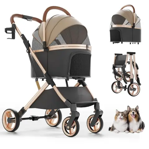 Pet Stroller with 4 Wheels, Dog Stroller with Detachable Carrier, One-Click Folding Pet Travel Carrier for Small, Medium Dogs