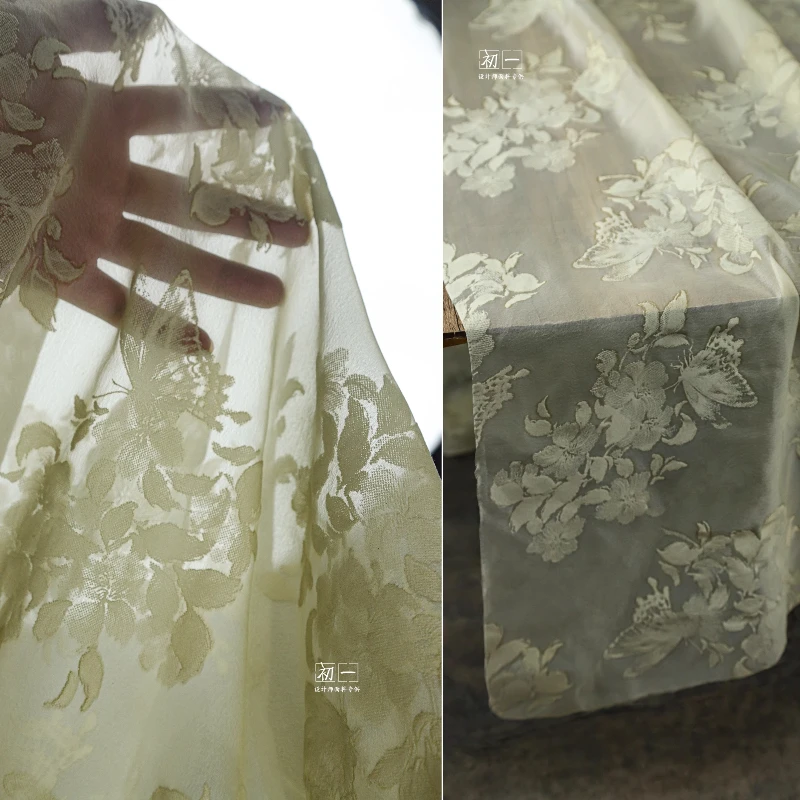 Абрикосовая шифоновая ткань с вышивкой бабочки для шитья своими руками, французская художественная полупрозрачная шаль, платье, одежда, дизайнерская ткань