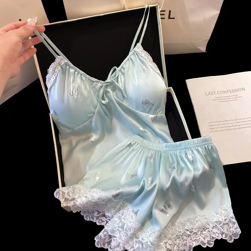 Two-piece Women's Pajamas and Loungewear with Bra Cups Straps Lace Trim and Satin Finish for Home Wear
Two-piece Women's Pajamas and Loungewear with Bra Cups Straps Lace Trim and Satin Finish for Home Wear