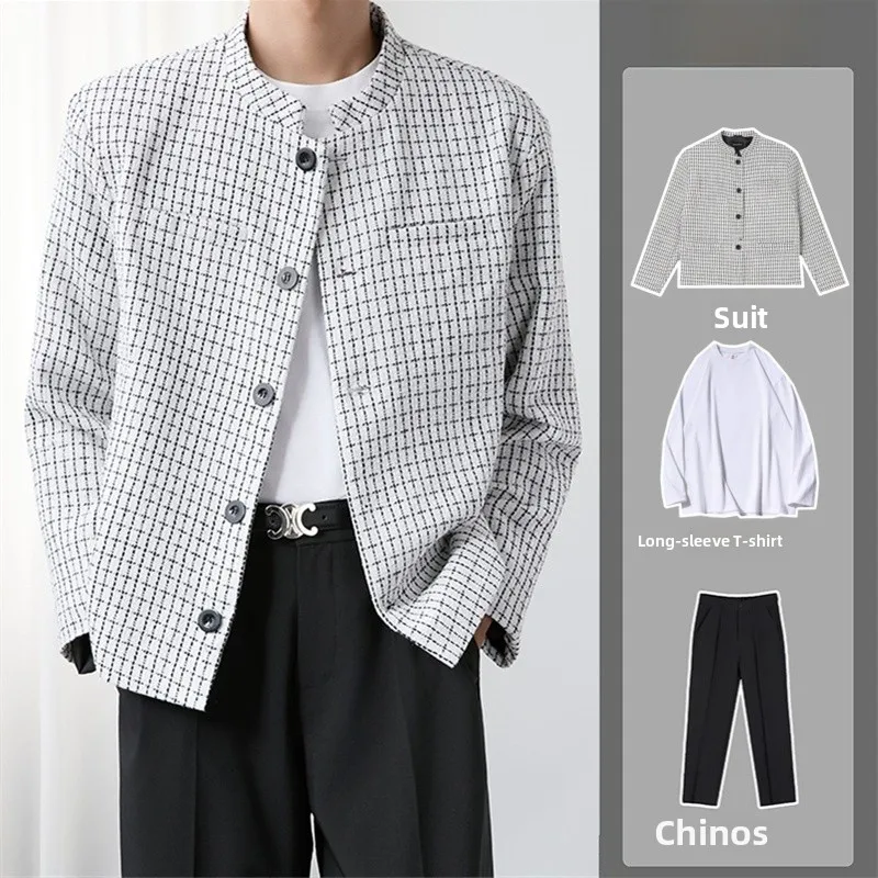 New Chinese Sle Men's Suiting Plaid ort Jaet Stand Collar Padded oulder High-End Slim Fit Two-Piece Suit Autumn Wear
New Chinese Sle Men's Suiting Plaid ort Jaet Stand Collar Padded oulder High-End Slim Fit Two-Piece Suit Autumn Wear