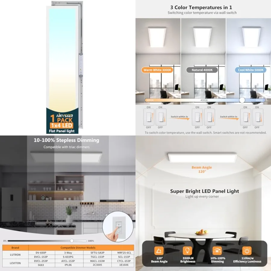 Pack x LED Flat Panel Light, 50W 5500LM Surface Mount Ceiling Fixture, 3CCT 00K/000K/5000K,Ultra-Thin 8In, 0-00% Triac Dimmable
Pack x LED Flat Panel Light, 50W 5500LM Surface Mount Ceiling Fixture, 3CCT 00K/000K/5000K,Ultra-Thin 8In, 0-00% Triac Dimmable