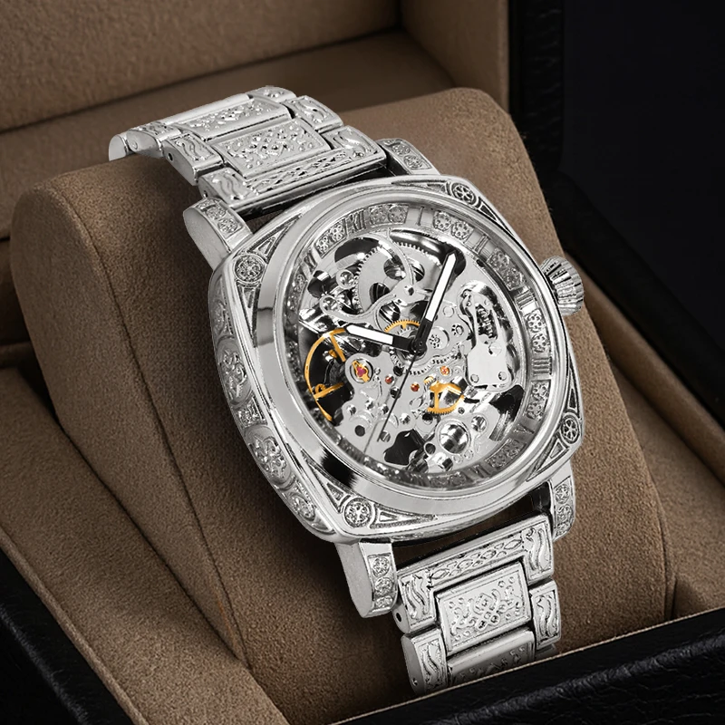 Мужские винтажные резные серебряные стальные ремешки, легкие роскошные автоматические механические часы со скелетонизированным турбийоном 
Мужские винтажные резные серебряные стальные ремешки, легкие роскошные автоматические механические часы со скелетонизированным турбийоном