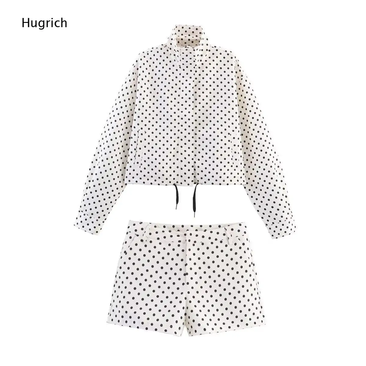 Women Vintage Polka Dot Two Piece Outfit Long Sleeve Zip Up Crop Top Drawstring Hem Casual High Waist Shorts Set
Women Vintage Polka Dot Two Piece Outfit Long Sleeve Zip Up Crop Top Drawstring Hem Casual High Waist Shorts Set