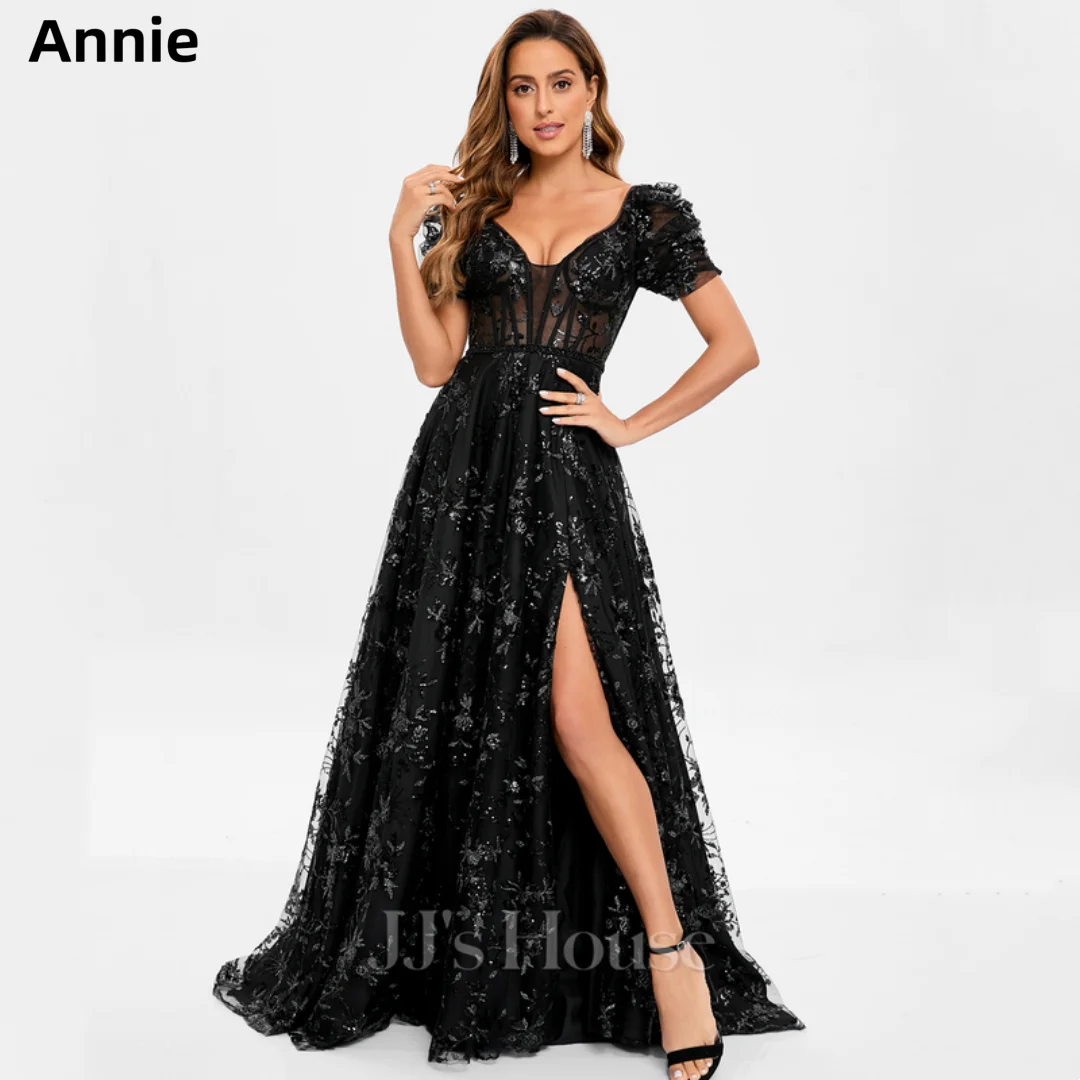 Annie Black Prom Dresses Lace Glitter Embroidery Wedding Dress V-neck Side Slit Elegant Ladies Robes De Soirée Customized 2025
Annie Black Prom Dresses Lace Glitter Embroidery Wedding Dress V-neck Side Slit Elegant Ladies Robes De Soirée Customized 2025