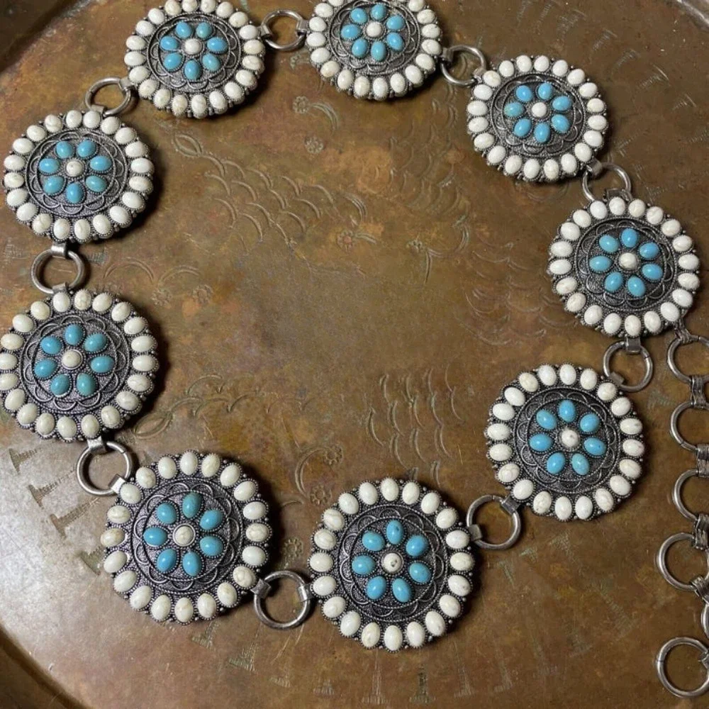 Concho Southwest Silver Chain belt adjustable Turquoise WHITE Western Large Belt Birthday gift
Concho Southwest Silver Chain belt adjustable Turquoise WHITE Western Large Belt Birthday gift