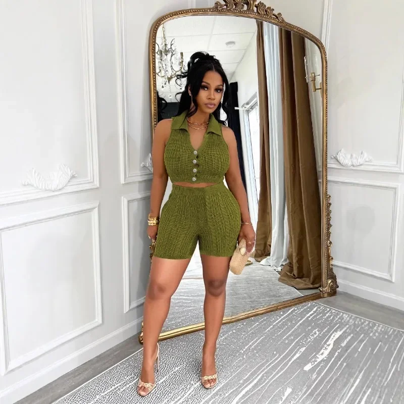 Solid Knitted 2 Piece Set Women Fashion Turn Down Collar Sleeveless Tank Crop Tops + Shorts Slim Casual Streetwear Suits
Solid Knitted 2 Piece Set Women Fashion Turn Down Collar Sleeveless Tank Crop Tops + Shorts Slim Casual Streetwear Suits