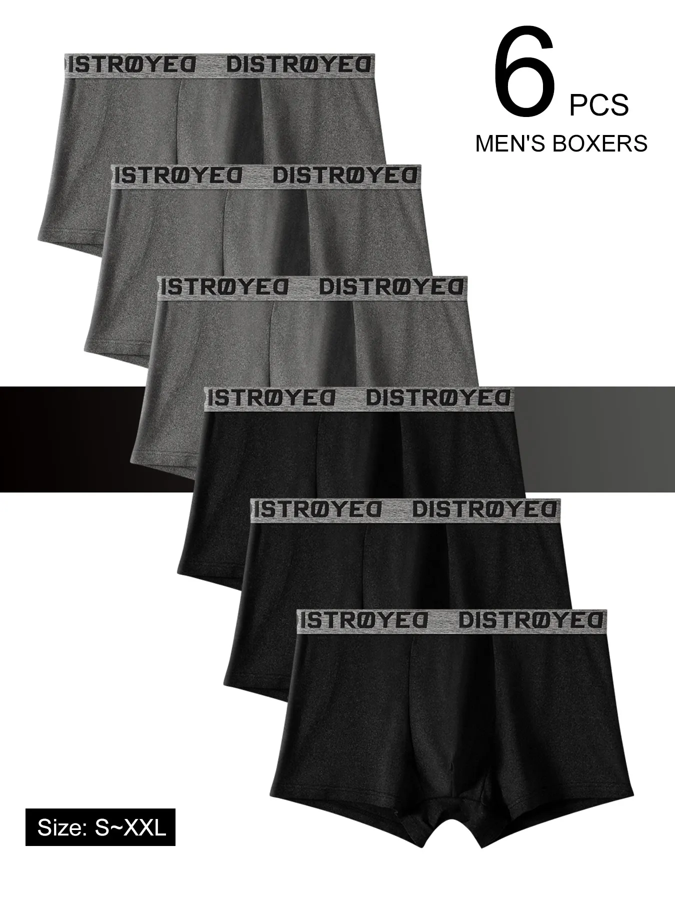 Комплект из 6 мужских боксеров из молочного шелка — пояс «DISTROYED», серый и черный комплект
Комплект из 6 мужских боксеров из молочного шелка — пояс «DISTROYED», серый и черный комплект