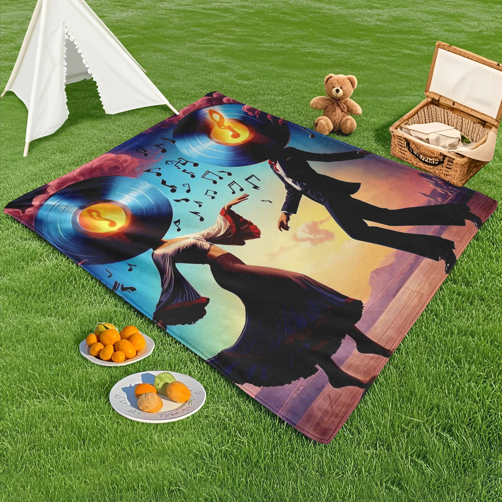 Romantic Outdoor Blanket For Couples Dancing To Vinyl Records With Creative Musical Note Design
Romantic Outdoor Blanket For Couples Dancing To Vinyl Records With Creative Musical Note Design