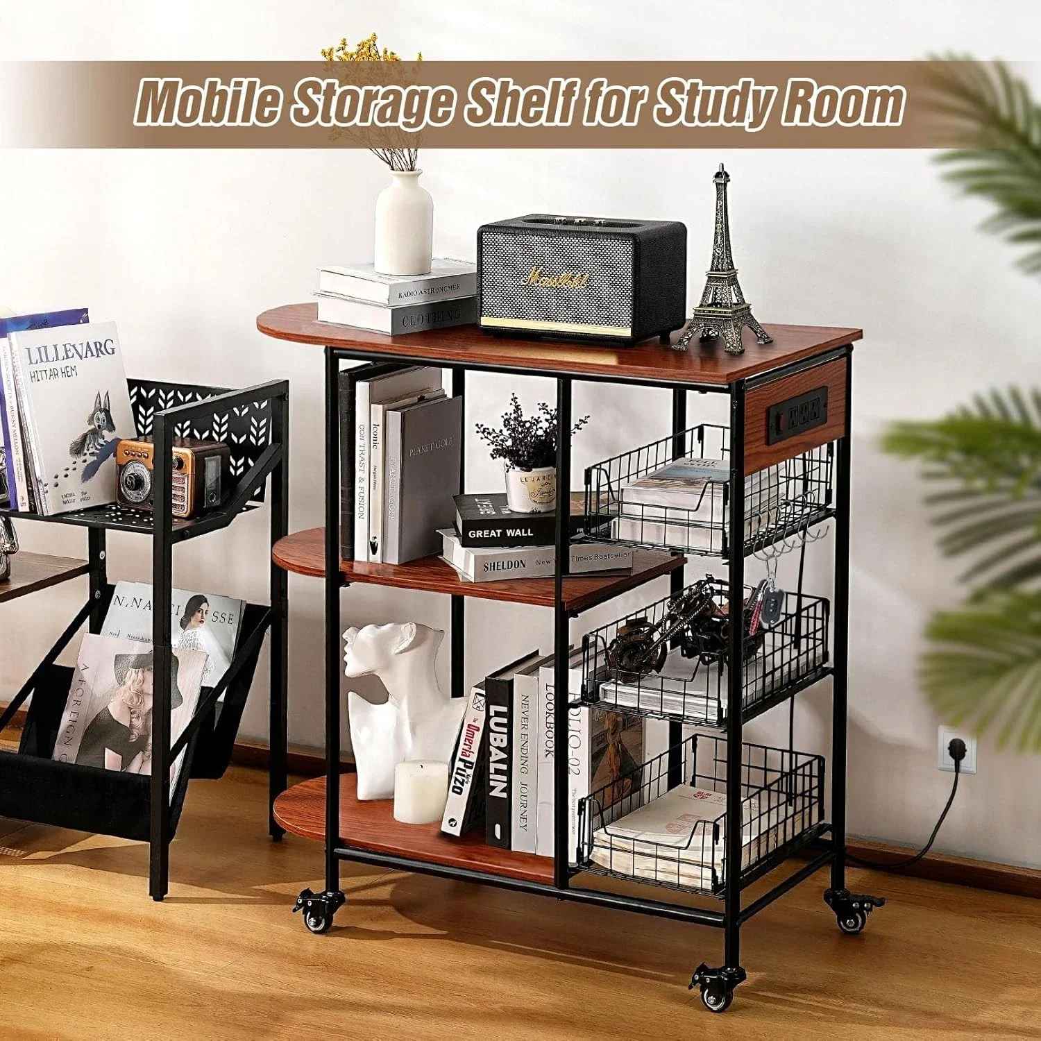 Multifunctional Kitchen Cart on Wheels with Power Outlet for Fruit Vegetable Snack Rack & Coffee Bar, 3 Pull Out Baskets