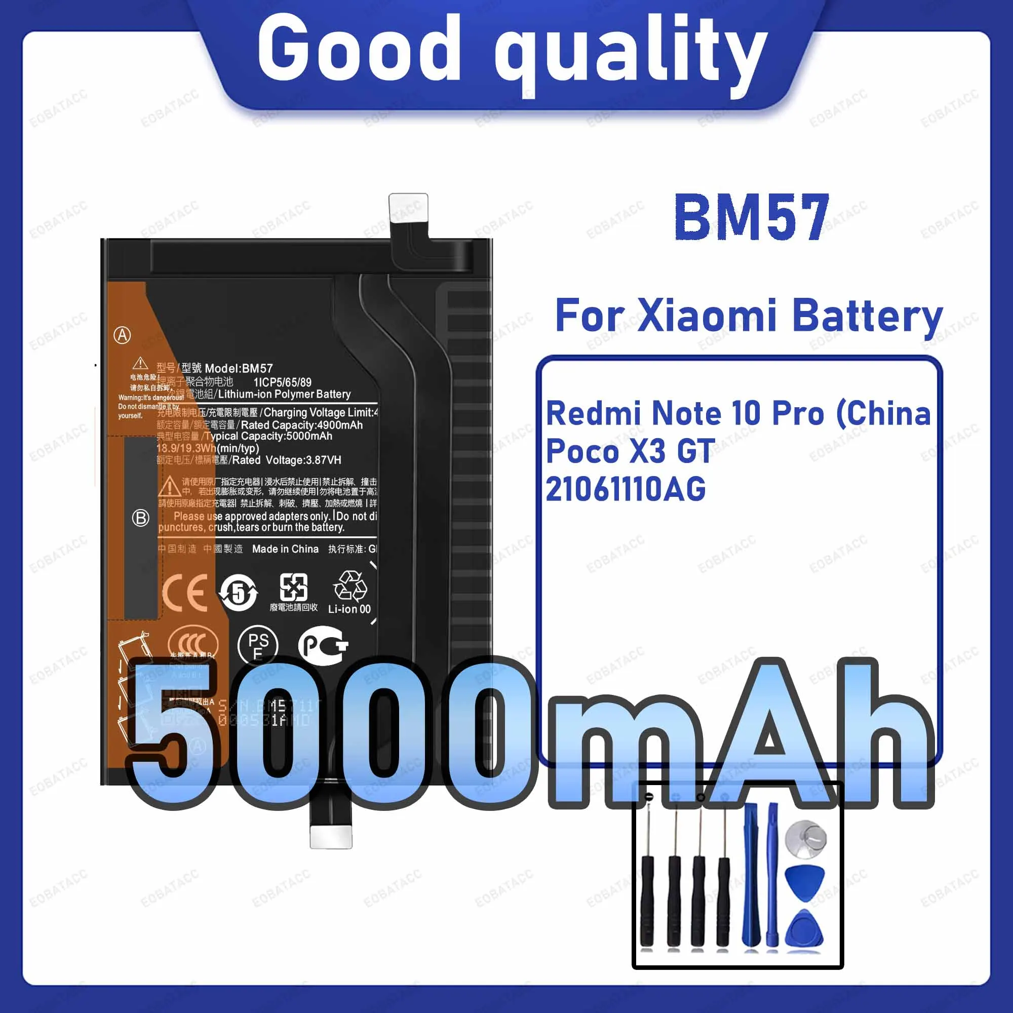 5000mAh BM57 Replacement Battery for Xiaomi Poco X3 GT with Repair Tools Kit
5000mAh BM57 Replacement Battery for Xiaomi Poco X3 GT with Repair Tools Kit