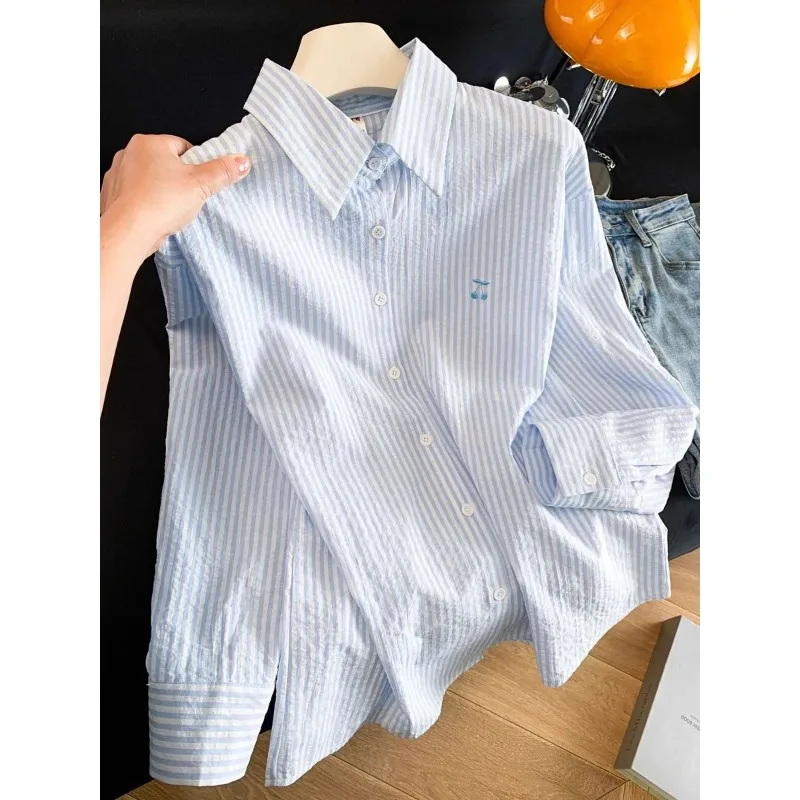 Women's Striped Button Down Shirt Cherry Embroidery Long Sleeve Casual Blouse
Women's Striped Button Down Shirt Cherry Embroidery Long Sleeve Casual Blouse