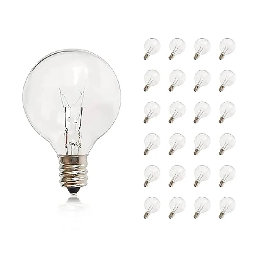 G40 Replacement Bulbs, 25 Pack Clear Glass Globe 5W E12 Candelabra Base Incandescent Light Bulbs, Warm White for Outdoor String
G40 Replacement Bulbs, 25 Pack Clear Glass Globe 5W E12 Candelabra Base Incandescent Light Bulbs, Warm White for Outdoor String