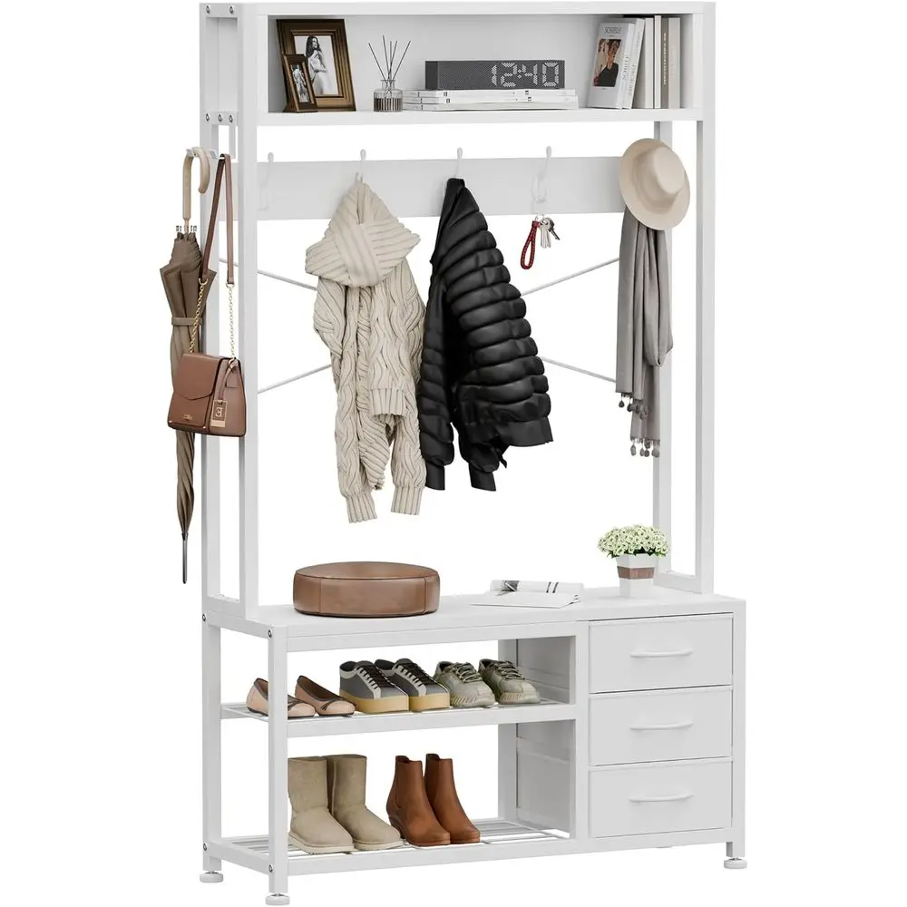 31.5 Entryway Bench with Coat Rack, Shoe Storage, and 2-Tier Shelf (White)
31.5 Entryway Bench with Coat Rack, Shoe Storage, and 2-Tier Shelf (White)
