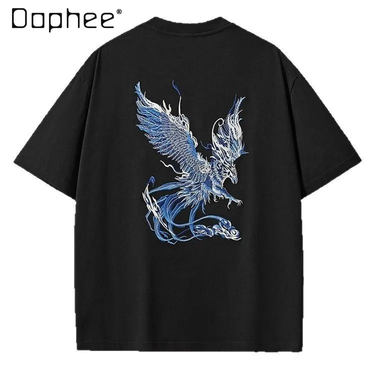 Men Summer New Chinese Style White Phoenix Embroidered Round Neck Short Sleeve T-Shirt Loose Casual Daily Black Streetwear
Men Summer New Chinese Style White Phoenix Embroidered Round Neck Short Sleeve T-Shirt Loose Casual Daily Black Streetwear
