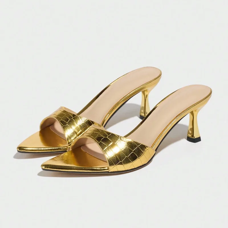Women's 2026 Gold Metallic Croco Print Pointed Toe Heeled Slides Thin High Heel Mules for Party Wedding Dress Occasion
Women's 2026 Gold Metallic Croco Print Pointed Toe Heeled Slides Thin High Heel Mules for Party Wedding Dress Occasion
