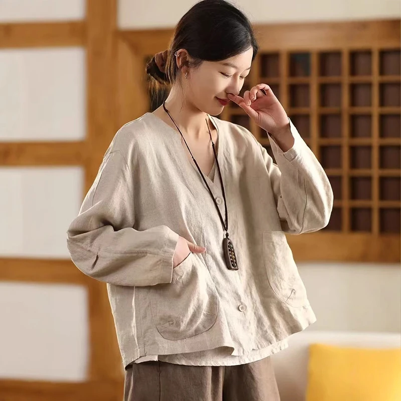 Women Cotton Linen Casual Jackets New Arrival 2025 Spring Vintage Style V-neck Plain Color Loose Female Long Sleeve Coats M842
Women Cotton Linen Casual Jackets New Arrival 2025 Spring Vintage Style V-neck Plain Color Loose Female Long Sleeve Coats M842