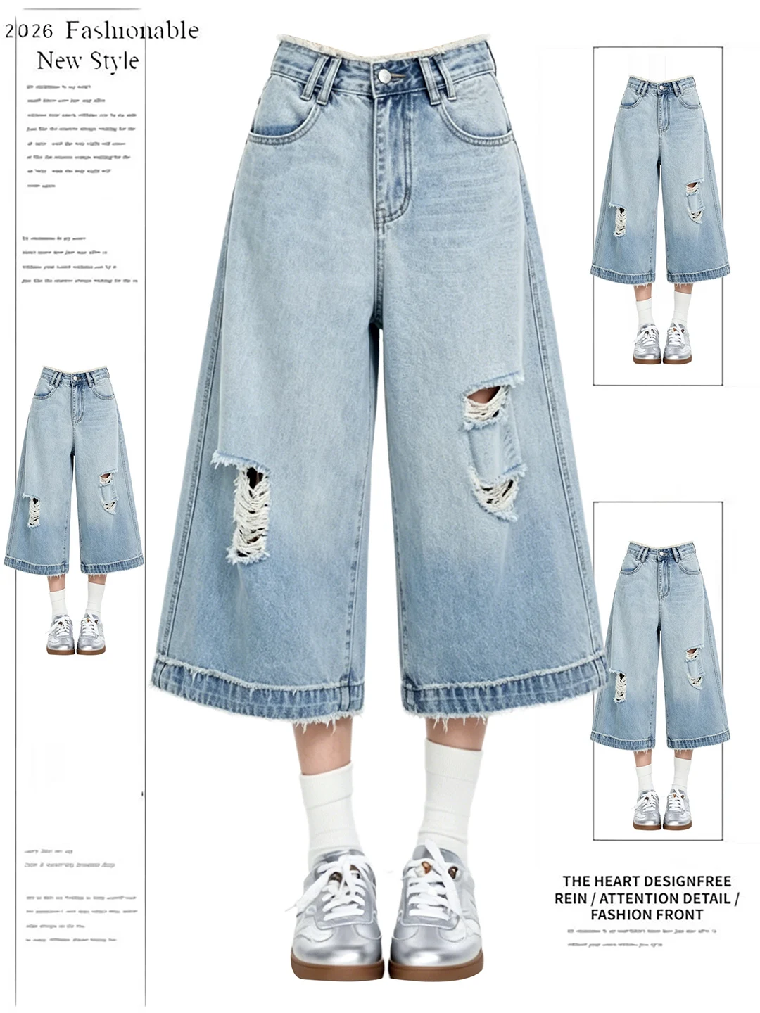 Retro High Waist Wide Leg Jeans Short Pants Women's Summer Casual Wear Washed Denim Shorts Torn Hole Design American Style
Retro High Waist Wide Leg Jeans Short Pants Women's Summer Casual Wear Washed Denim Shorts Torn Hole Design American Style