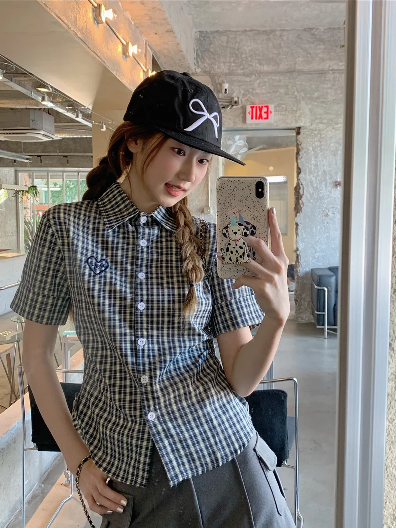 Kumikumi College Style Color Block Plaid Embroidered Short Sleeve Women's Shirt Slimming Versatile Summer Chic Top
Kumikumi College Style Color Block Plaid Embroidered Short Sleeve Women's Shirt Slimming Versatile Summer Chic Top