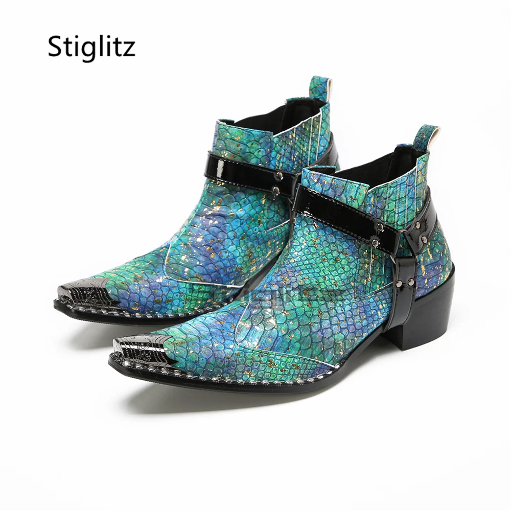 Men's Gradient Green Blue Snake Print Chelsea Boots Metal Pointed Toe Buckle Strap Slip On High Heels Western Ankle Boots
Men's Gradient Green Blue Snake Print Chelsea Boots Metal Pointed Toe Buckle Strap Slip On High Heels Western Ankle Boots