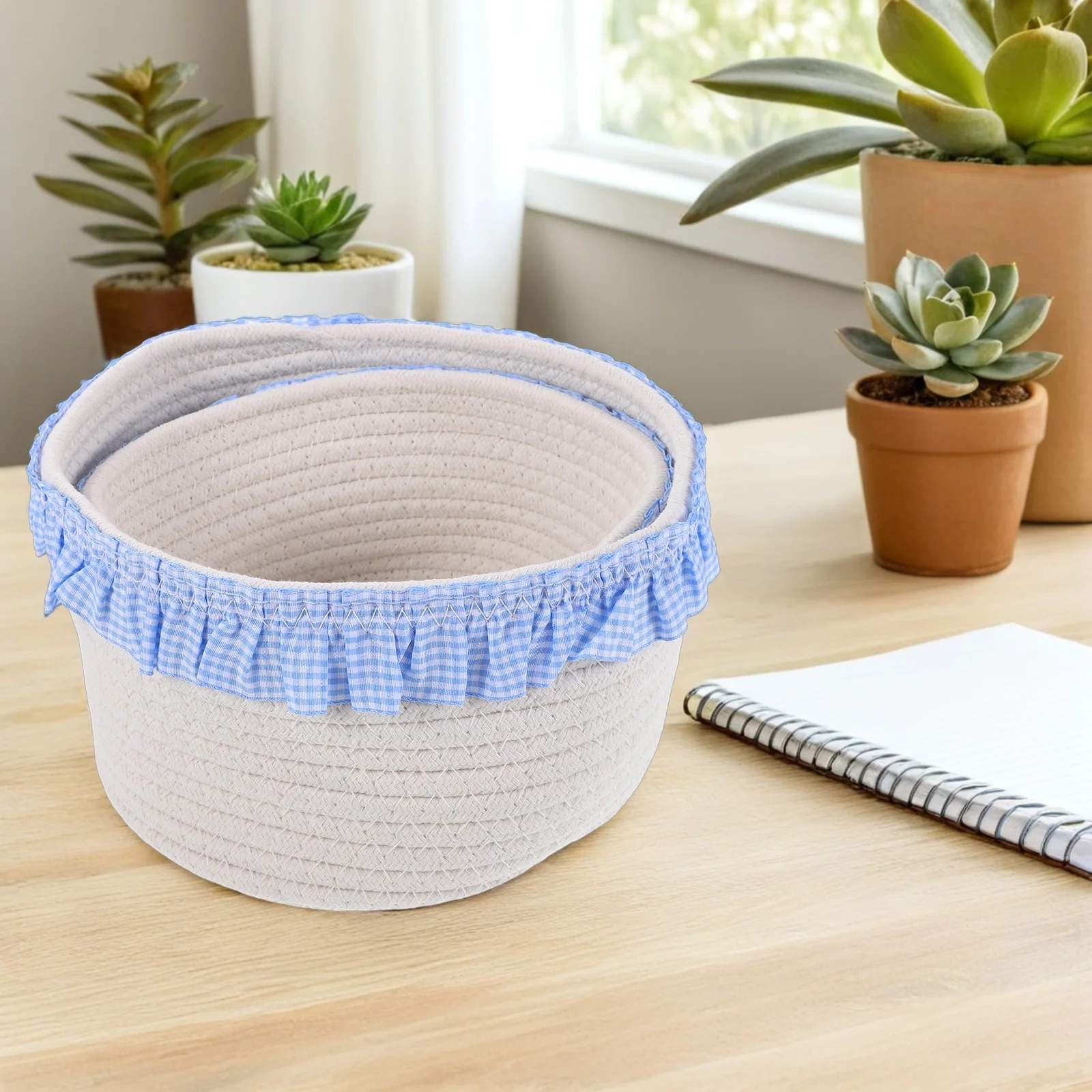 2pcs Woven Storage Basket Cotton Rope Handwoven Cloth Organizer for Shelves Bedroom Bathroom Toy Bin Sea Salt Blue Multi
2pcs Woven Storage Basket Cotton Rope Handwoven Cloth Organizer for Shelves Bedroom Bathroom Toy Bin Sea Salt Blue Multi
