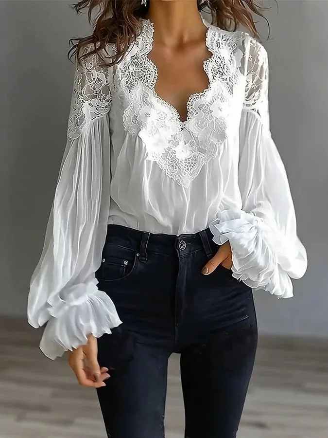 Spring Summer Women's Sexy Deep V Lace Trim Hollow Lantern Sleeve Long Sleeve Shirt Chiffon Top Loose Fit Bubble Sleeve V Neck
Spring Summer Women's Sexy Deep V Lace Trim Hollow Lantern Sleeve Long Sleeve Shirt Chiffon Top Loose Fit Bubble Sleeve V Neck