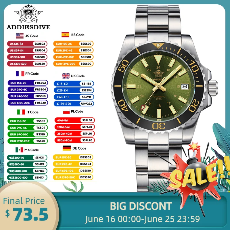 ADDIESDIVE Diver Watch High Quality Men's Automatic Watch Sapphire Green BGW9 Super Luminous Waterproof 20Bar Mechanical Watch
ADDIESDIVE Diver Watch High Quality Men's Automatic Watch Sapphire Green BGW9 Super Luminous Waterproof 20Bar Mechanical Watch 