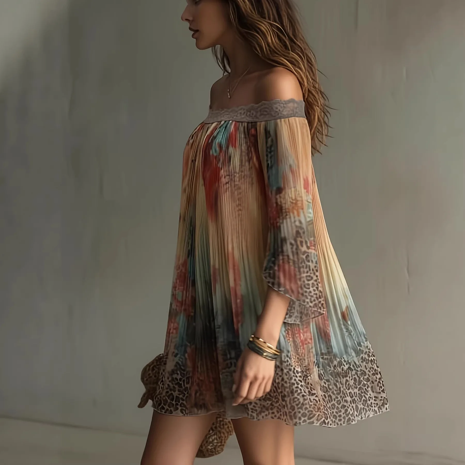 Off shoulder floral leopard print dress, summer loose pleated dress, one shoulder vacation style short and thin skirt
Off shoulder floral leopard print dress, summer loose pleated dress, one shoulder vacation style short and thin skirt