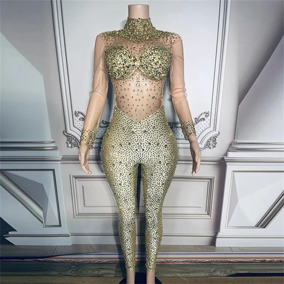 Luxury Rhinestones Golden Sexy See Through Sheath Jumpsuit Evening Party Performance Costume Bar Nightclub Singer Stage Wear
Luxury Rhinestones Golden Sexy See Through Sheath Jumpsuit Evening Party Performance Costume Bar Nightclub Singer Stage Wear