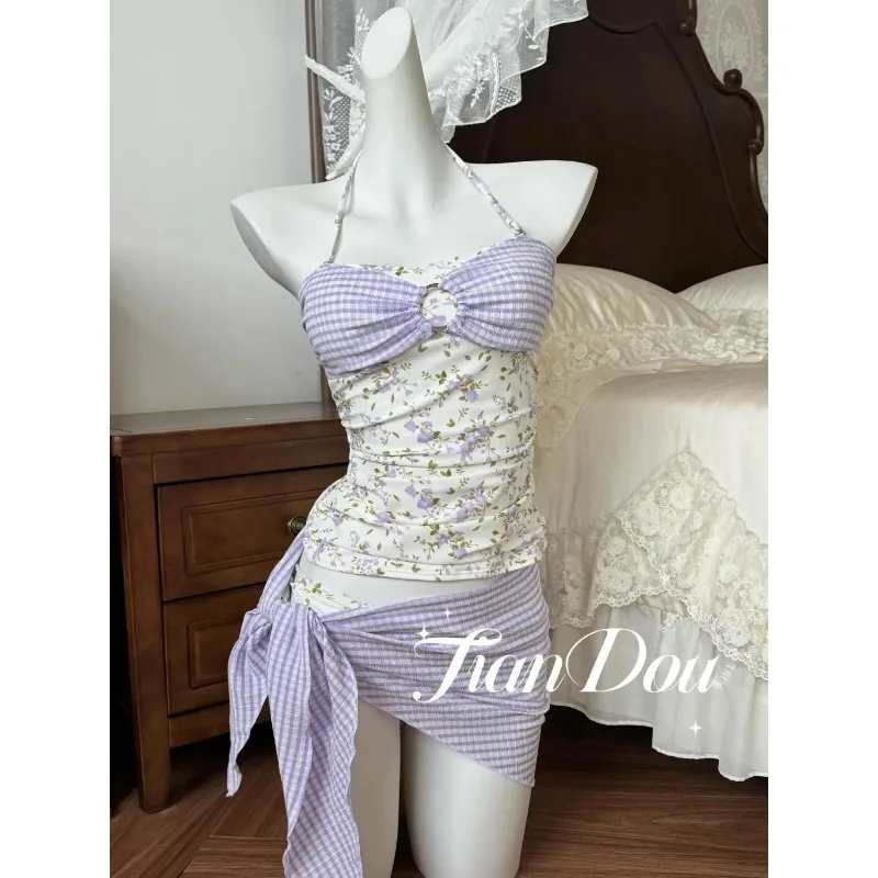 Womens Purple Floral Plaid Halter Bikini Three Piece Wrap Skirt Beach Hot Spring Swimwear
Womens Purple Floral Plaid Halter Bikini Three Piece Wrap Skirt Beach Hot Spring Swimwear